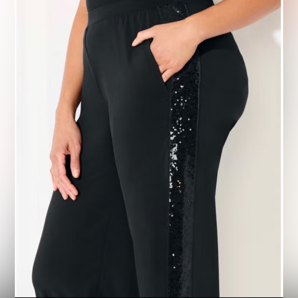 NWT Black Sequin Side Stripe Wide Leg Pants by Catherine’s. 2x (22-24)